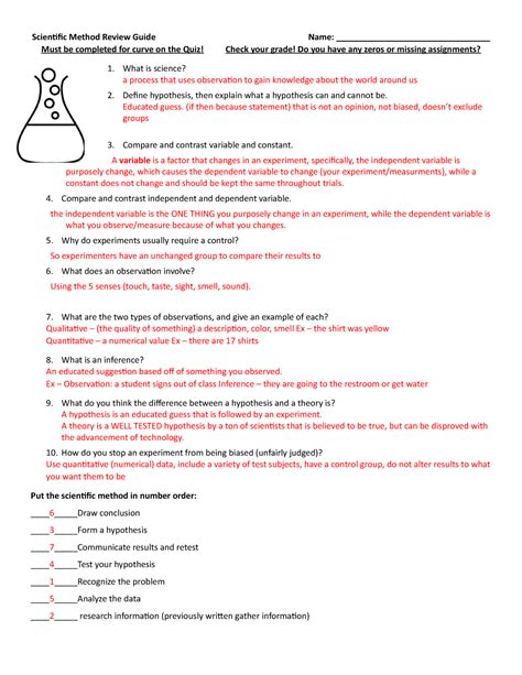 scientific method review worksheet answer key quizlet